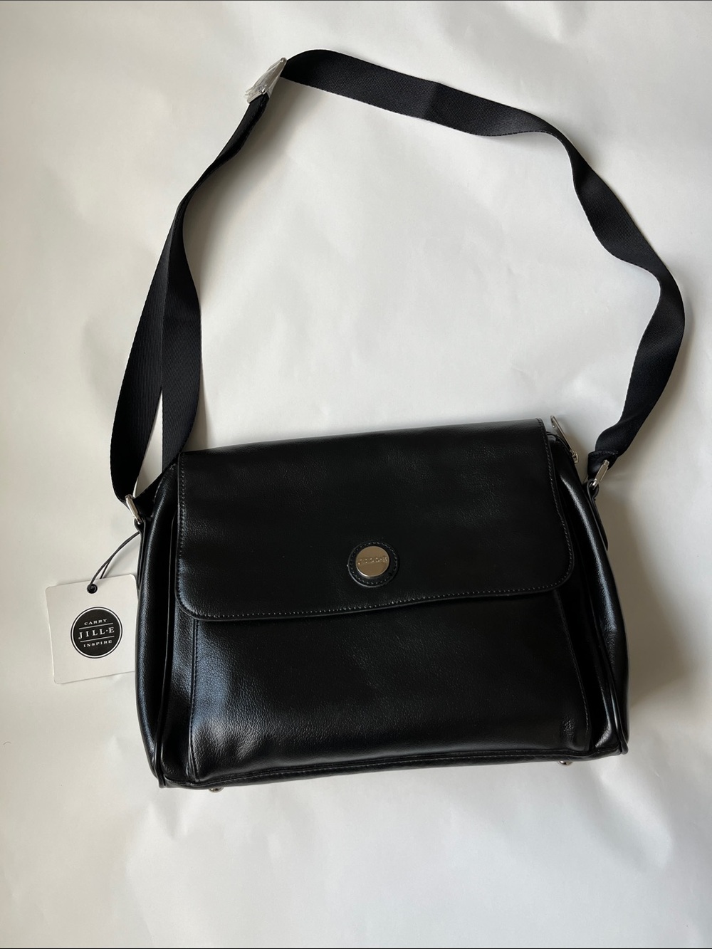 Jill.E Designs. Black Leather Laptop Crossbody Bag